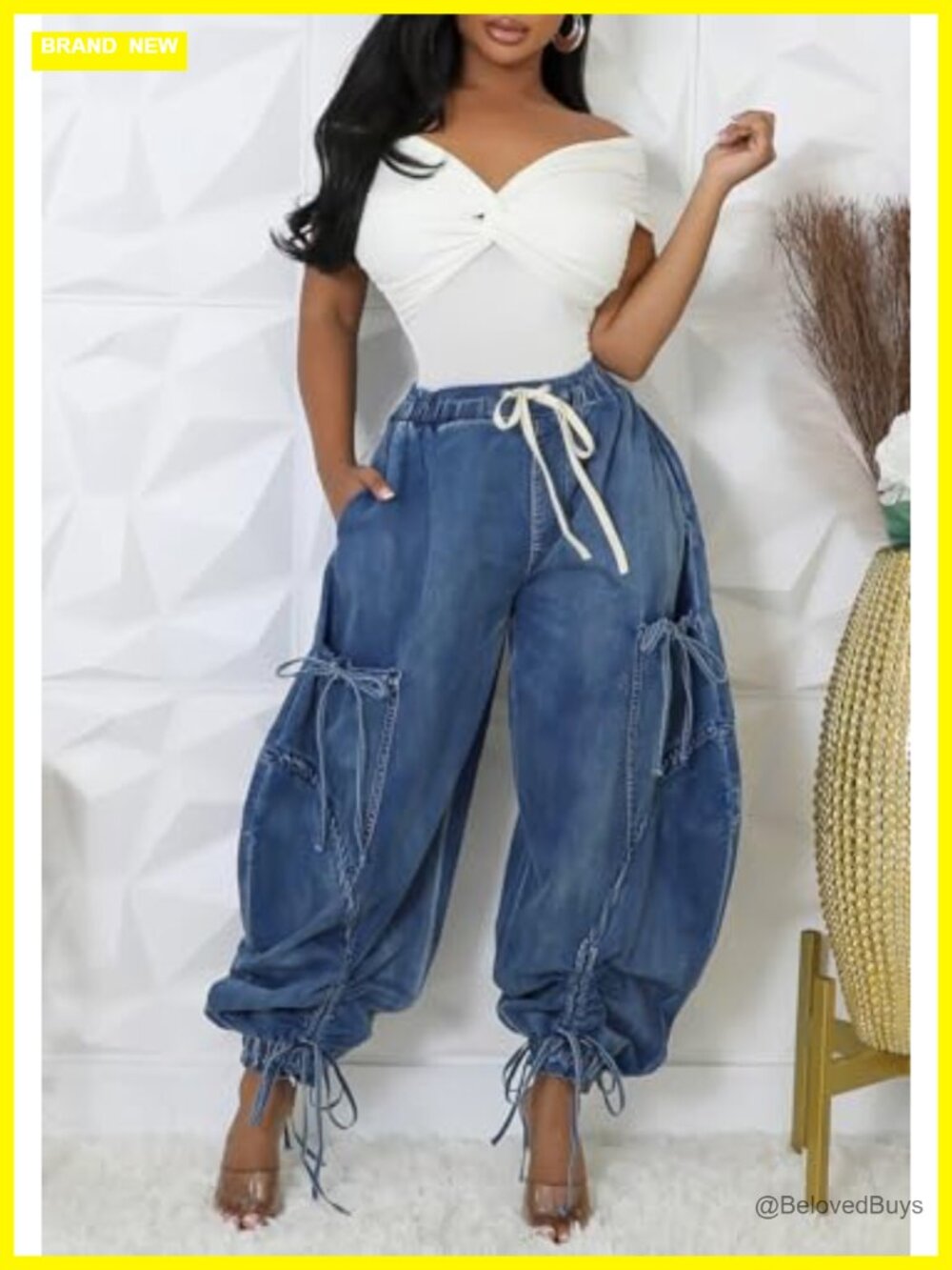 Baggy Cargo Jeans Joggers Drawstring High Waist Loose Wide Leg Denim Pants with - Picture 2 of 7